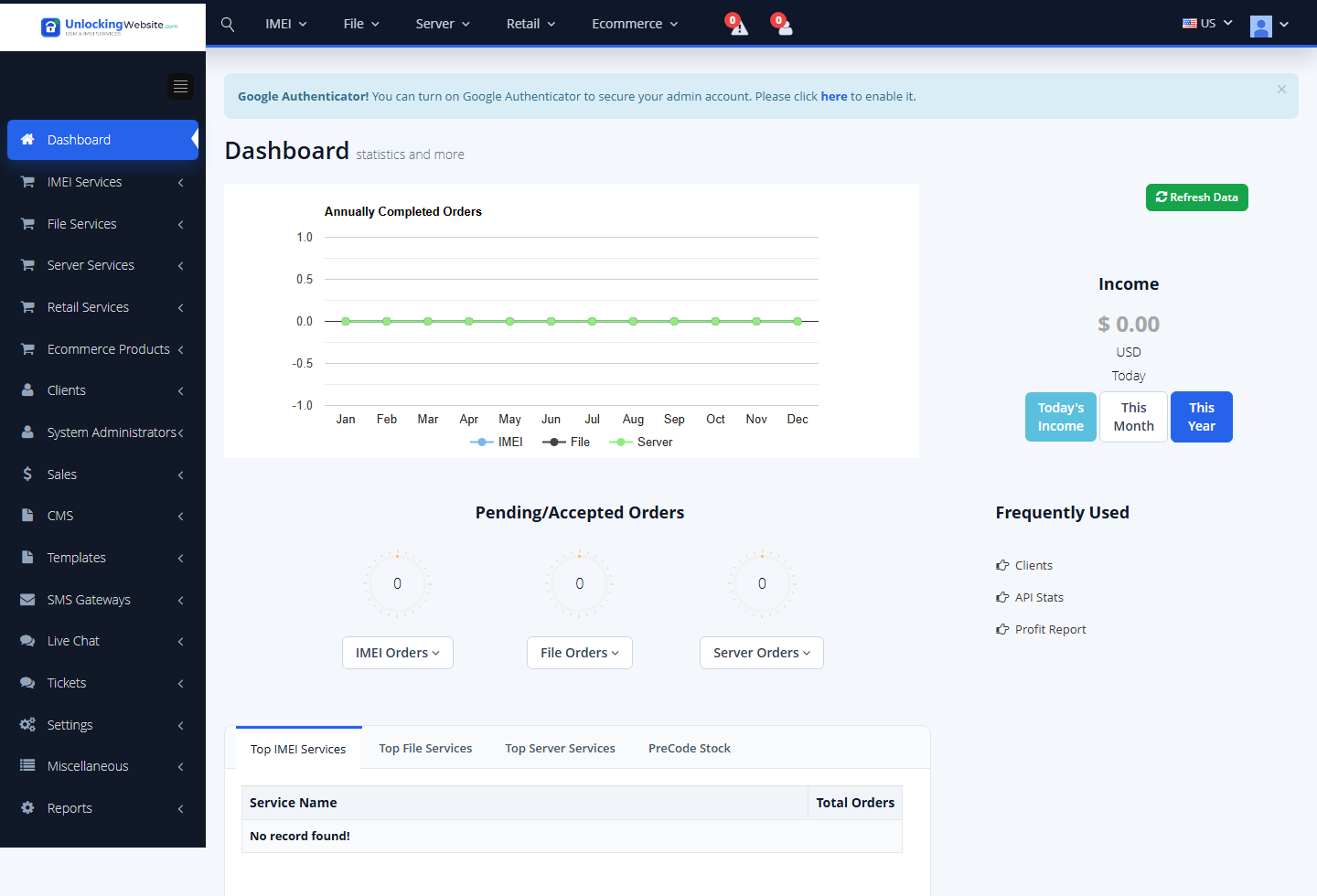 NeUnlock admin dashboard with order statistics and income panels