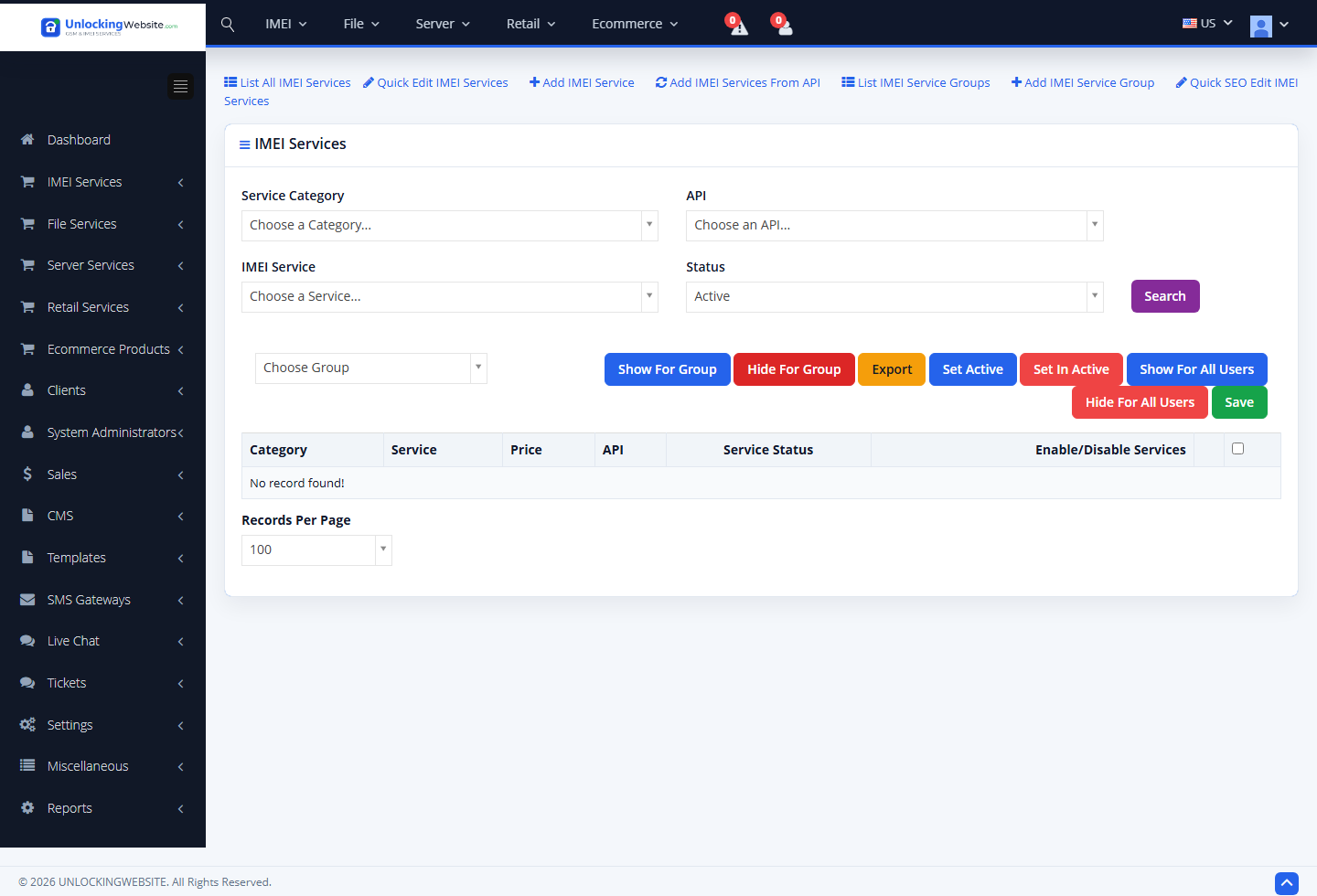 NeUnlock service management screen with filters and bulk controls