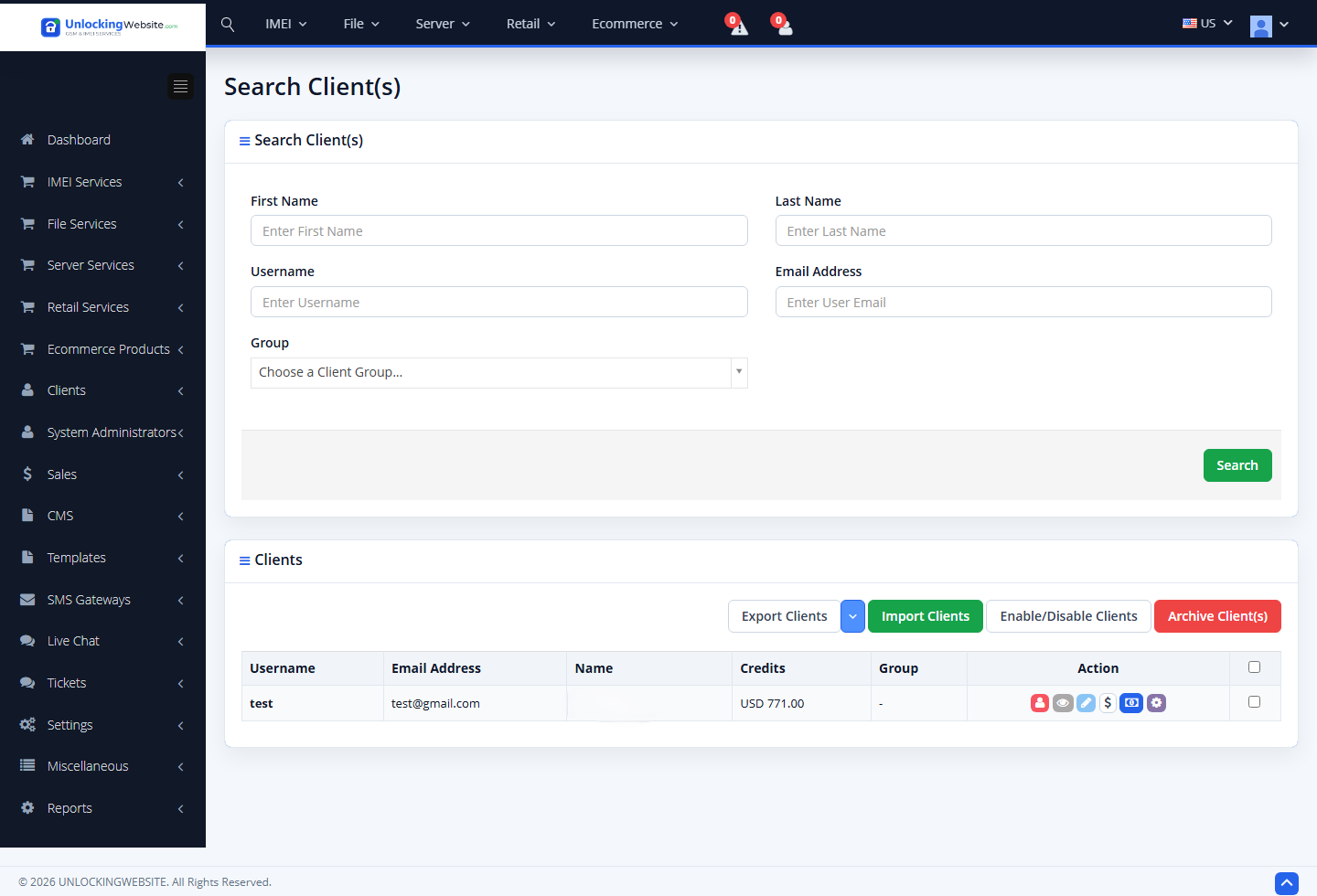 NeUnlock client management screen with search, credits, and account actions